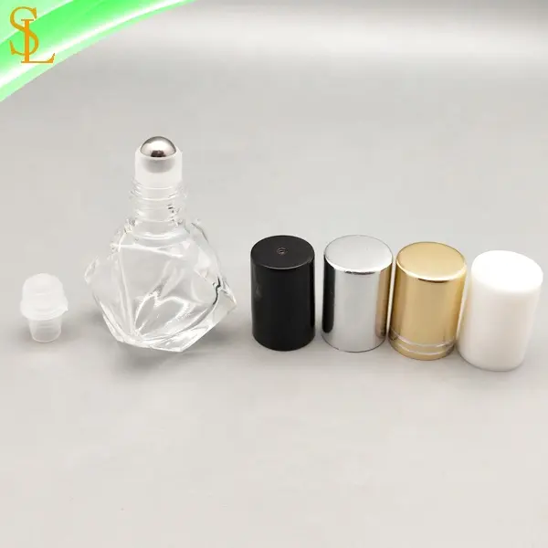 Desain Baru 5Ml Botol Parfum Kaca Rol Bentuk Berlian Unik dengan Tutup dan Bola Rol Logam