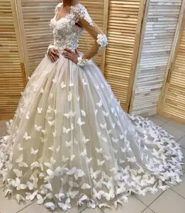 V Neck Long Sleeve Applique Butterfly Ball Gown China Custom Made Wedding Dress