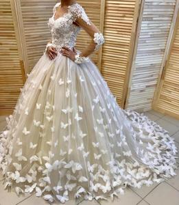 V Neck Long Sleeve Applique Butterfly Ball Gown China Custom Made Wedding Dress