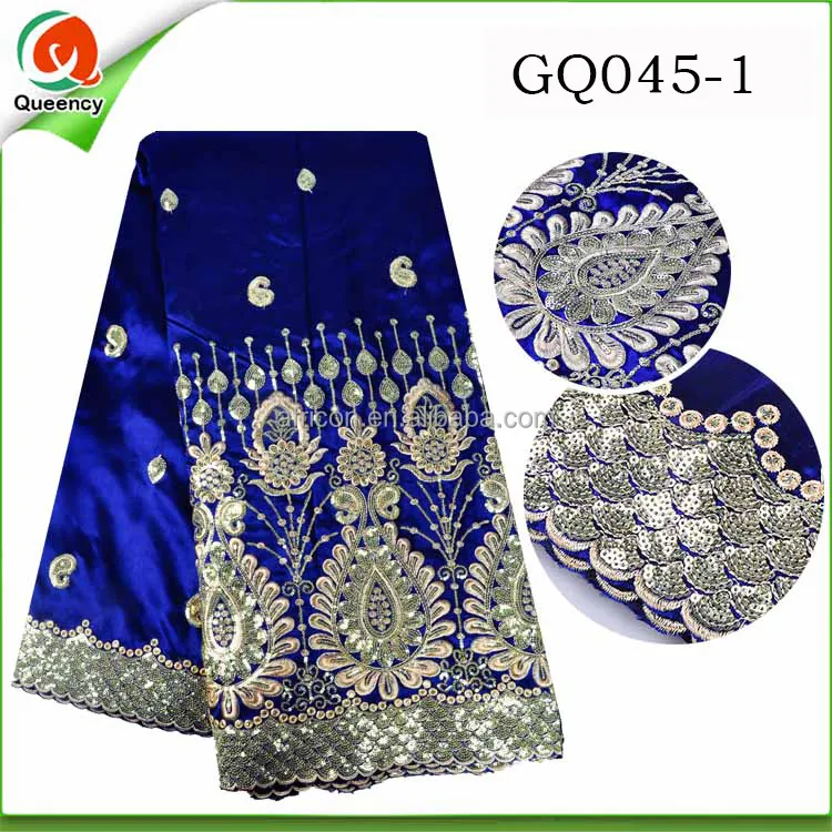 GQ045 Queency Indian Fabric Traditional Patterns Raw Silk George Wrappers in Royal Blue for Africans with Sequins