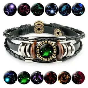 Luminous moon necklace 12 zodiac image jewelry Cabochon Galaxy picture leather wristband bracelets
