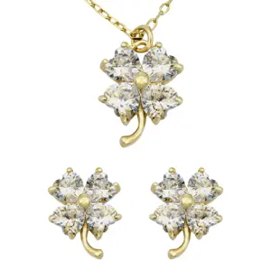 2023 Custom Fashion Woman Wedding Bridal Zircon 18k Gold Plated Earrings Necklace Crystal Four-Clover Silver Jewellery Set