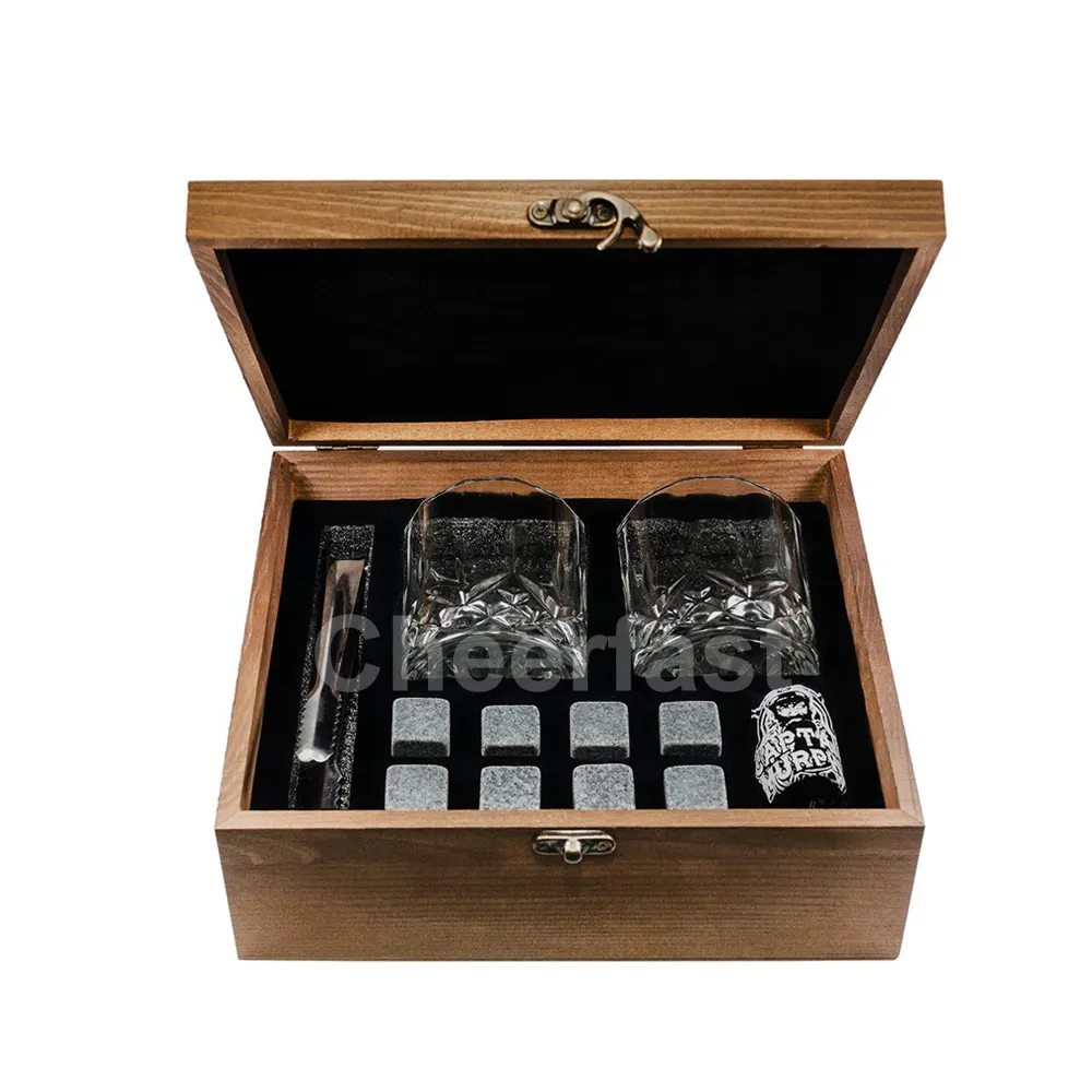 उच्च गुणवत्ता लकड़ी के बॉक्स पुन: प्रयोज्य द्रुतशीतन व्हिस्की चश्मा ठंडा पत्थर और व्हिस्की ग्रेनाइट पत्थर उपहार सेट के साथ चश्मा