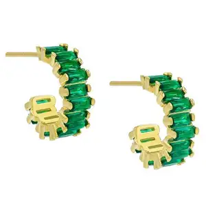 GOLD Plated Green Emerald cubic zirconia circle hoop earring for women