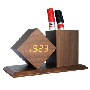 USB Rechargeable Voice Control <strong>Bedside</strong> Nightlight Wooden Pen Holder LED Alarm <strong>Clock</strong> - Product Image 2