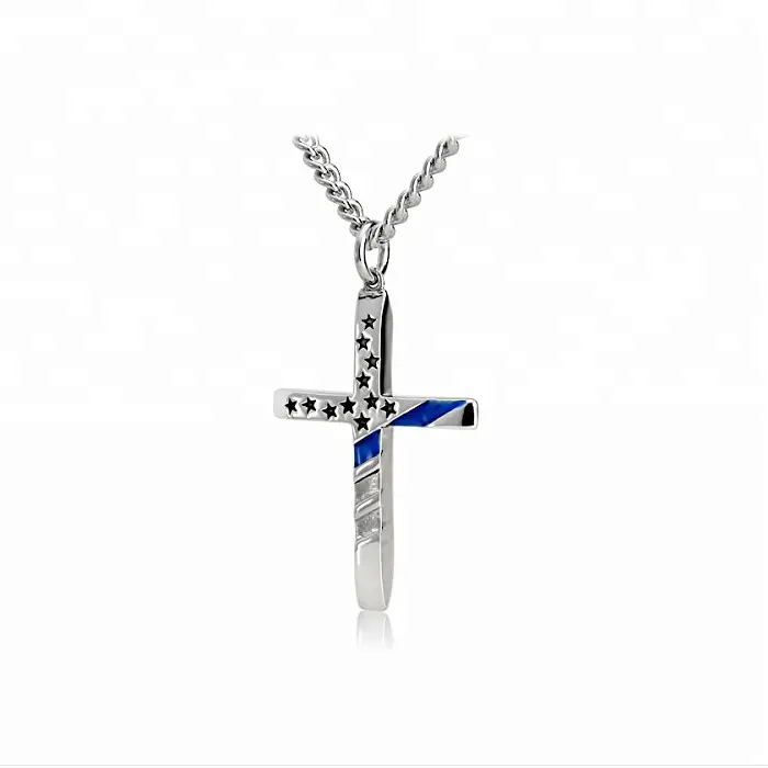 Wholesale Men's Stainless Steel Jewelry Enamel Flag Star And Thin Blue Line Cross Pendant Necklace