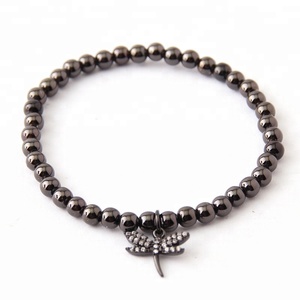 Fashion 5MM Women Round Hematite Elastic <strong>Bracelet</strong> with Cubic Zircon <strong>Dragonfly</strong> Charm <strong>Bracelet</strong> - Product Image 4