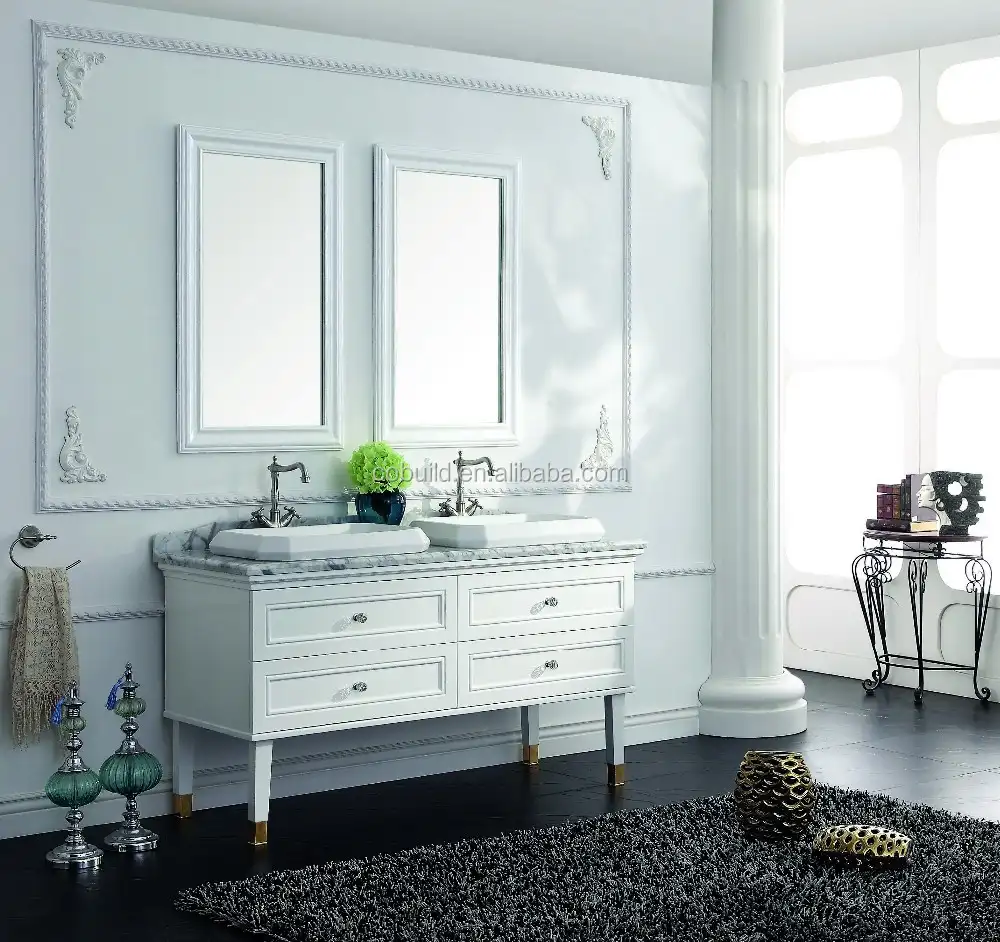 Doppio lavandino del bagno mobile a specchio, impiallacciato rovere doppio ciotola antico vanità bagno con piano in marmo