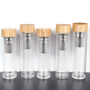 Tampa térmica de bambu de 400ml/500ml, garrafa térmica de parede dupla para chá, copo de vidro borosilicado com infusor longo de aço inoxidável