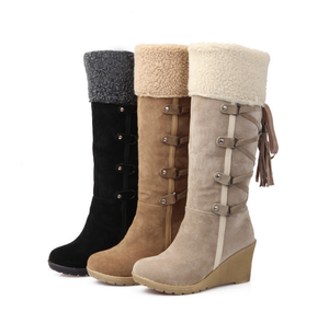 Bottes d'hiver à lacets avec pompon pour femmes, cuissardes hautes pour dames, bottes de neige à talon compensé