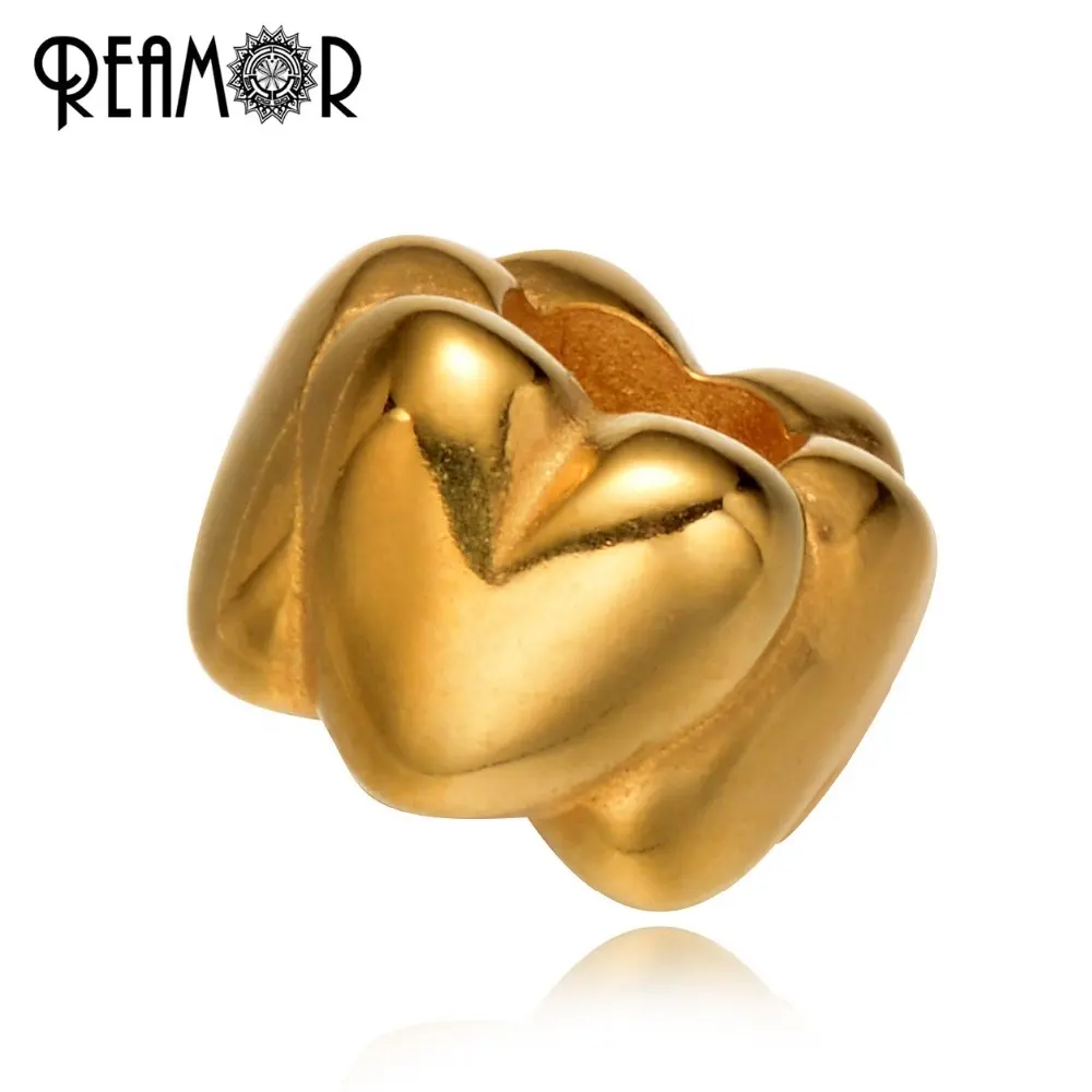 REAMOR — Bracelet en acier inoxydable, couleur argent et or, perles style européen en forme de cœur, amour, bijoux adapté pour femmes, DIY, 316l