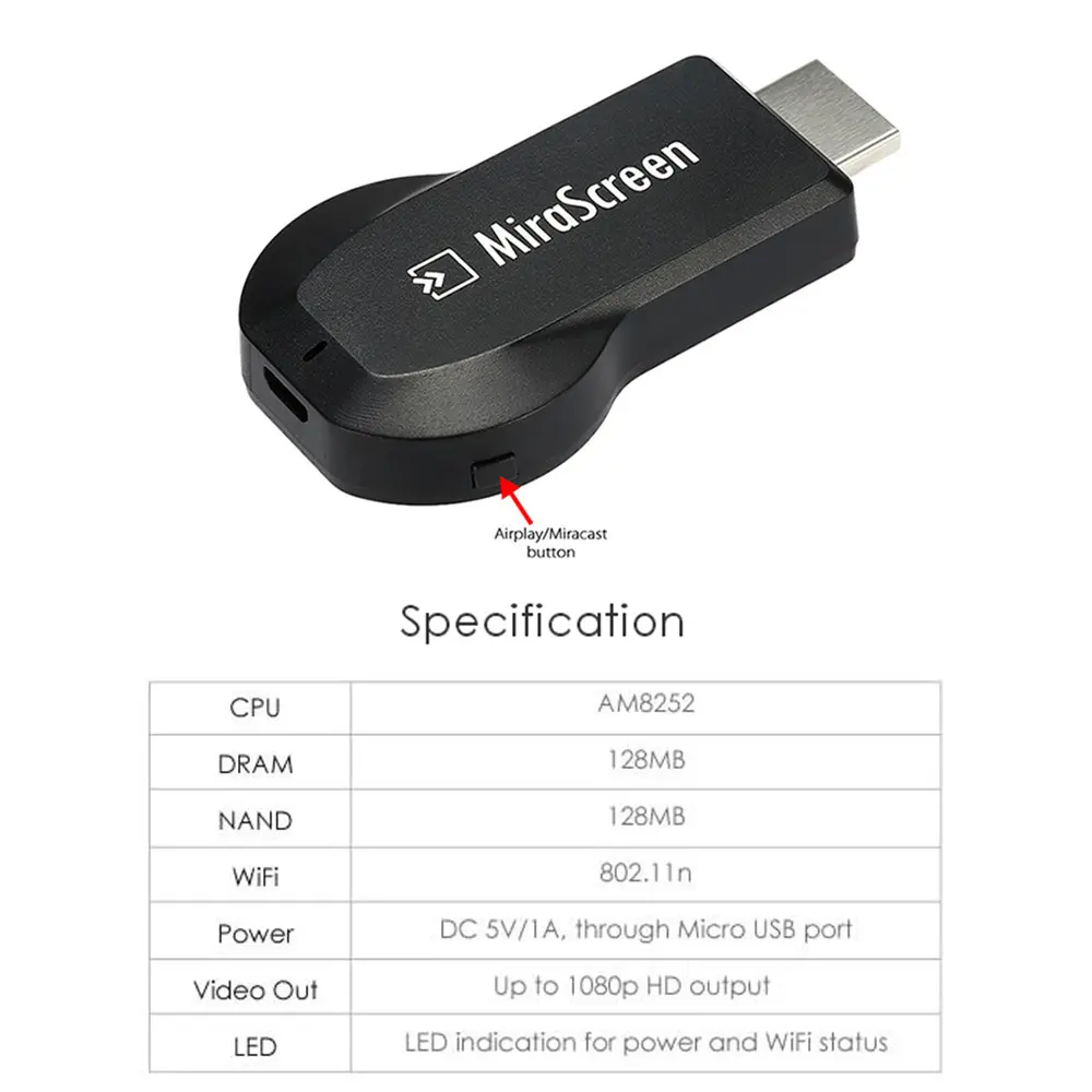 OTA Mirascreen TV Stick Dongle Wi-Fi Display Receiver 1080P Audio & Video DLNA Airplay Miracast