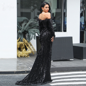 Abito con Spalle Scoperte Vendita Calda 2020, Vestito a Maniche Lunghe con Piume e Paillettes, Abito da Cerimonia Lungo fino a Terra - Product Image 3