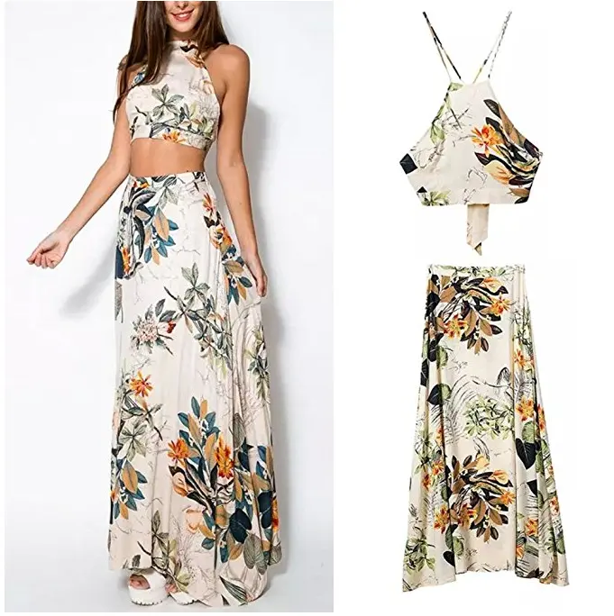 New arrivals customized linen cotton floral printing maxi beach skirt for women Strap Floral Long Maxi boho crop top skirt set