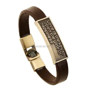 Letter Bracelets "Love is the key to open the gate of happiness " Charm genuine leather bangle birthday gift for lovers'