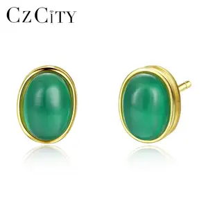 CZCITY 925 Sterling Silver Jewelry S925 Sterling Silver Gemstone Oval Green Gemstone Earrings