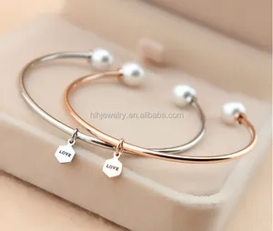 Custom Shell Pearl Stainless Steel Wire Cuff Bangle Bracelet Engraving Adjustable With Charm