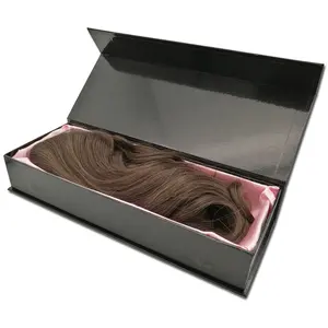 Embalagem de extensão de cabelo preto, com forro de cetim, extensão de cabelos naturais, pacotes de caixas personalizadas