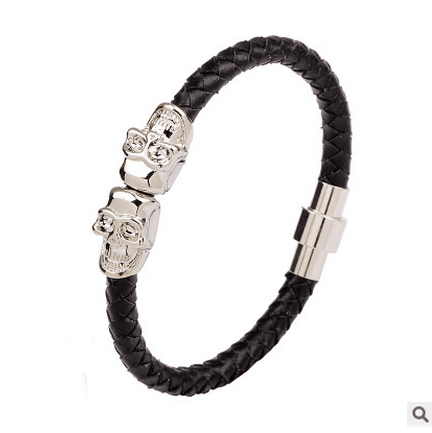 Mode En Gros Bijoux En Acier Inoxydable crâne Tressé Bracelets Magnétique Boucle Hommes Véritable Bracelet En Cuir