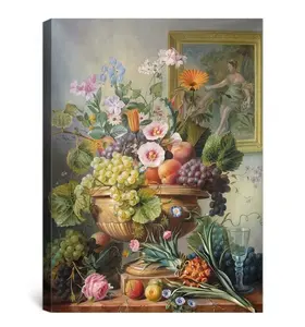 Pintura al óleo de lienzo con decoración de frutas y flores hermosas clásicas