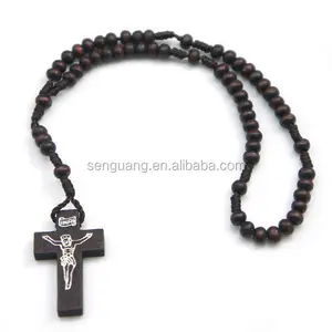 高品质批发廉价宗教木珠念珠十字架项链