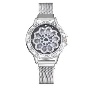 WJ-8052 Silver Flower Relojes with Stainless steel Mesh Band Ladies Wrist watches Blue Watches Crystal woman watch for gifts