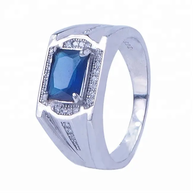hot sell shining silver man ring with sapphire stone