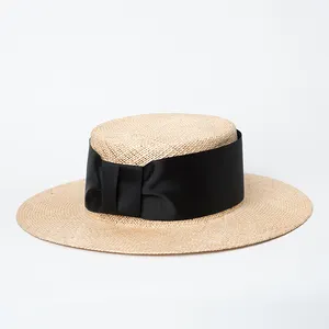 Erba naturale paglietta cappello con ampio con il nastro bowknot
