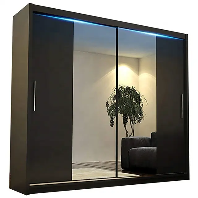 Moderne Schwarz Farbe Schlafzimmer Spiegel Schiebetüren Schrank mit LED