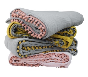 Nlan 100% Katoenen Lakens En Inbakeren Dekens Geweven Zijden Zachte Mousseline Met Bloemenpatroon En Pompons - Product Image 1