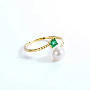 Geometric engagement jewelry natural emerald and pearl real solid 14kt gold wrap ring