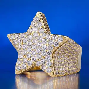 KRKC & CO 14K Gold Plated Five-Pointed Star Ring Iced Out Ring Hip Hop Jewelry Mens Finger Ring Wholesale