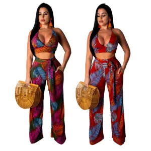 Combinaison pantalon avec haut court et col en V, ensemble pour femmes, tenue deux pièces Sexy et élégante, motif floral, collection 2019