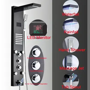 Bathroom Dark Night Black Shower Column Waterfall Shower Panel Jets Sprayer Hand Sprayer With LED Lights