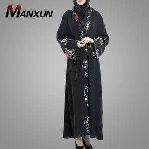 Dubai'de yeni Model Abaya Moda Müslüman Çiçek Siyah Açık Abaya Yüksek Kalite Uzun Kollu Kimono Elbise