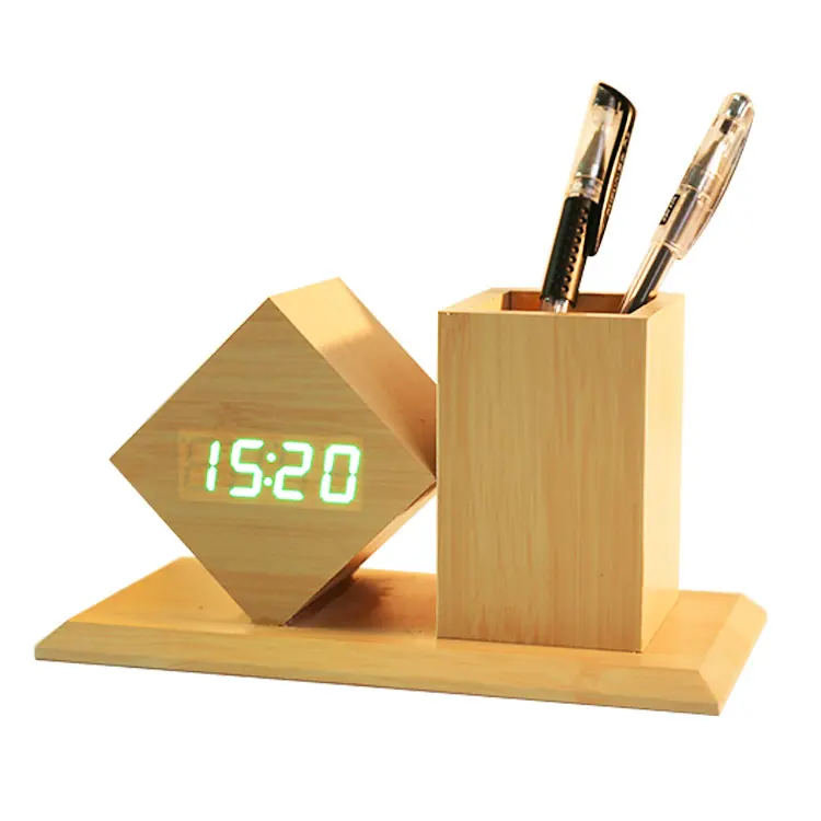 Office Decor Voice Control Nightlight Wooden Pen Holder LED Clock
