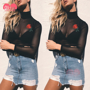 Caliente de Malla de Manga Larga Tops Tee Blusa Escarpada Atractiva Opacidad Tops - Product Image 1