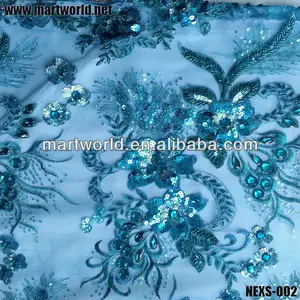 À la main dessins de broderie bleu strass fleur de paillettes broderie tissu (NEXS-002)