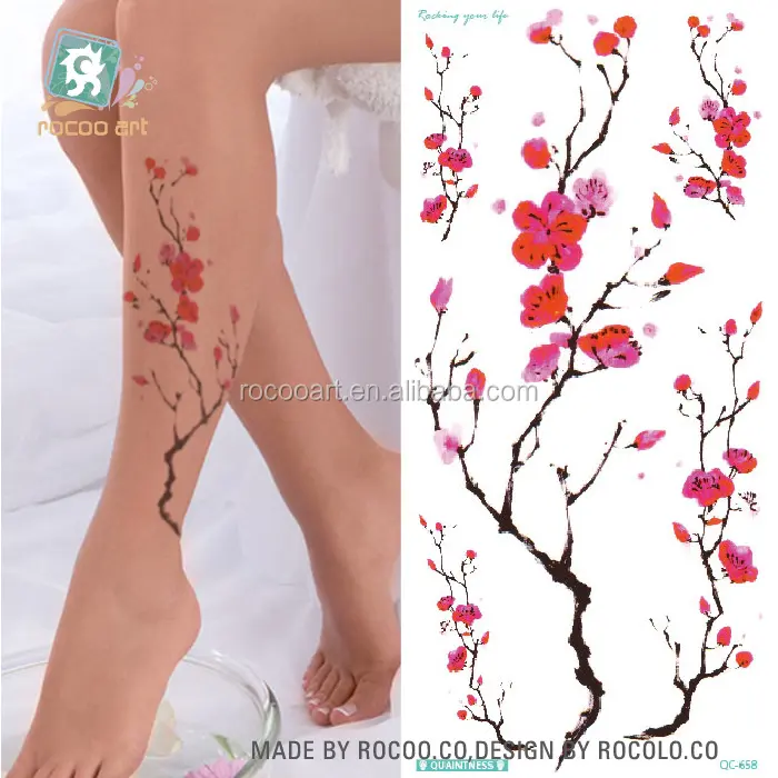 QC-658/Pfirsich blüte Baum Tattoo Neue Aufkleber Temporäre Tätowierung Für Frauen Bein