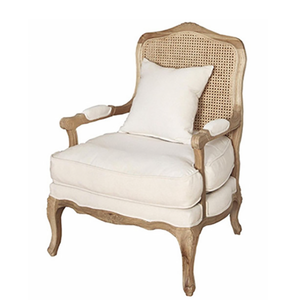 Poltrona in Legno Massello Stile Antico Francese Rustico Direttamente dalla Fabbrica con Schienale in Rattan e Rivestimento in Tessuto Beige - Product Image 3
