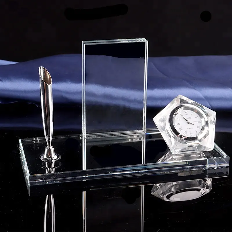 Cristal regalos de oficina/soporte de Cristal para bolígrafo de escritorio y reloj de mesa y portalápices