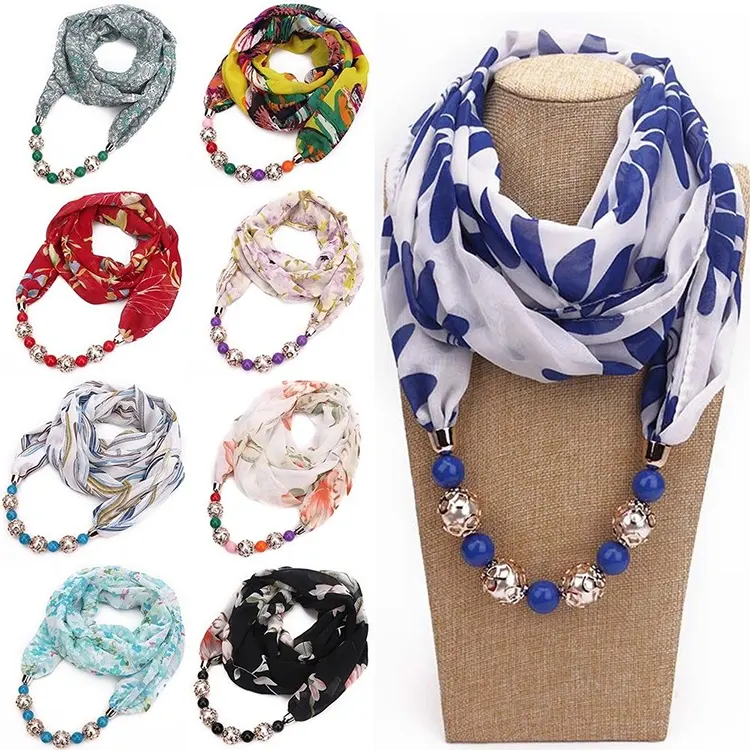 Wholesale Beaded Solid Color Necklace Jeweled Chiffon Silk Jewelry Pendant Scarf R12