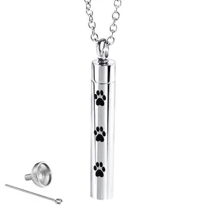 Silindir köpek pençe tasarım düşük moq 316l paslanmaz çelik parfüm kolye akraba evcil külleri urn kremasyon kolye