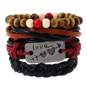 4 Pieces 1 Set Best Selling Woven Multilayer Leather Bracelet Love Engraved Wood Bead Bracelet