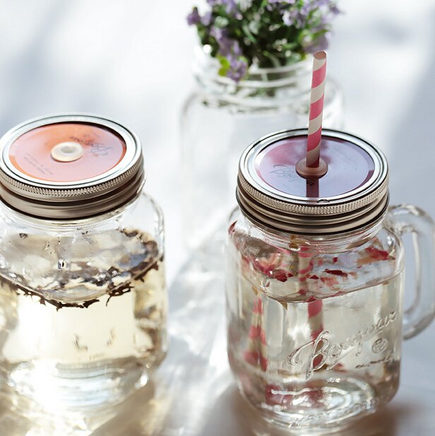 16oz clear embossed logo drinking jar glass mason jars with handle