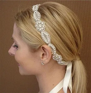 New Wedding Bridal Crystal Silver Diamond Handmade Slik Headband Rhinestone Ribbon Hair Band women Hair Accessory