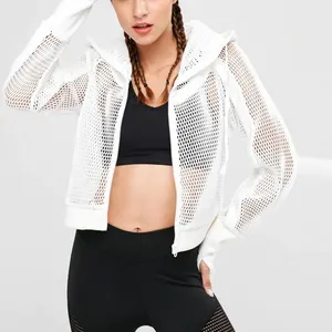OEM Custom Nylon Full Sleeve Zipper Sports Running Long Sleeve Mesh Top White Jacket Womens Mesh Coat