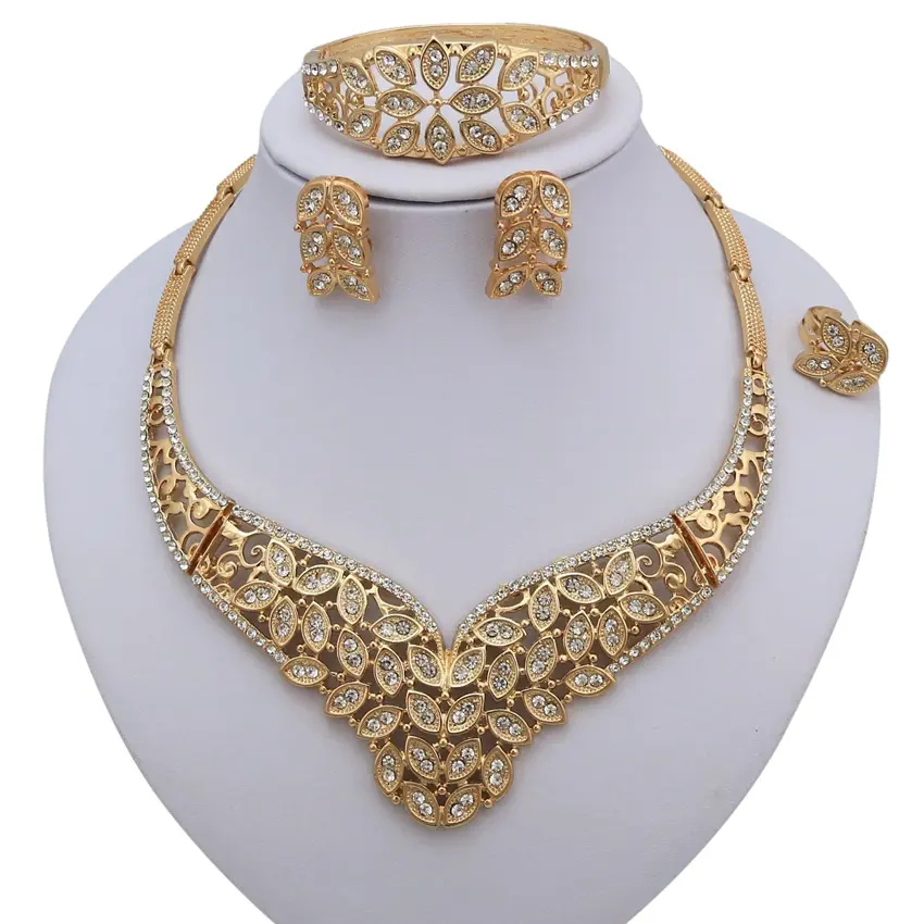 Yalaili Perhiasan Produsen 2019 Set Perhiasan Warna Emas Dubai Set Perhiasan Anting-Anting Manik-manik Afrika Pernikahan Nigeria Kalung