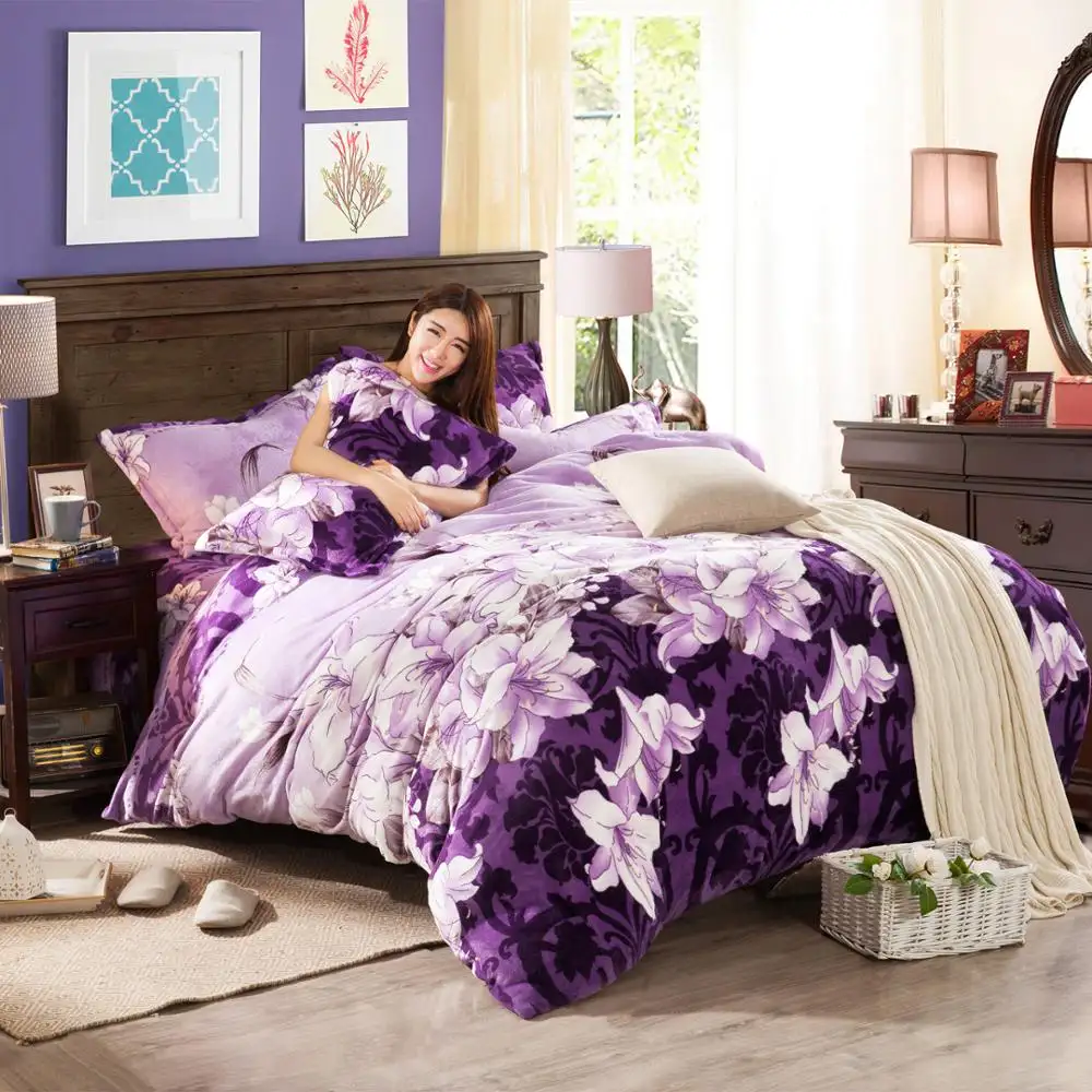 China manufacture 4 pcs flannel fleece blanket purple printed lily bedding sets luxury