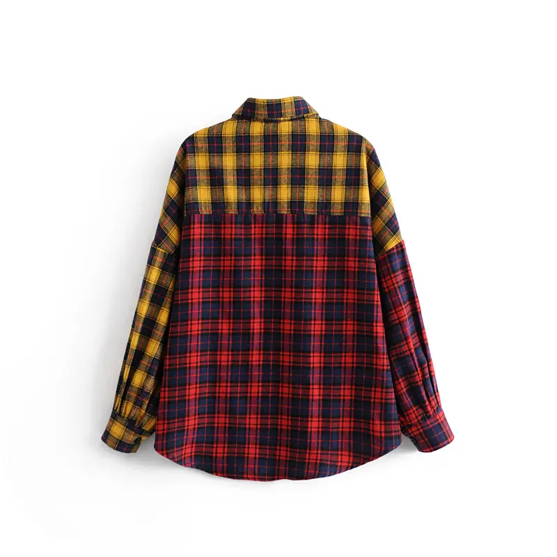 OEM Plaid Farbe Langarm übergroße Bluse Frauen Mode Patchwork High Street Shirt